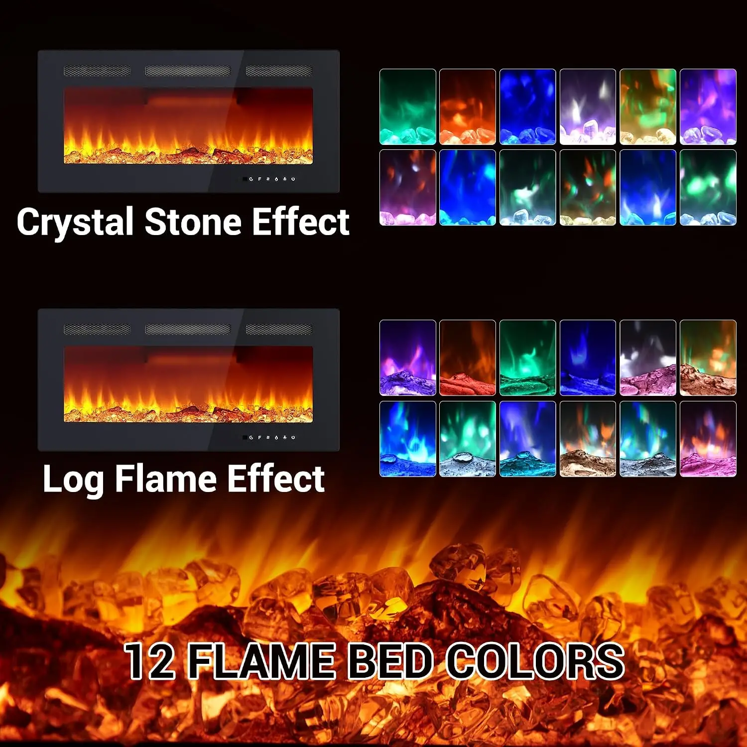 50-Inch Wall Mount Electric Fireplace Heater – Touch Screen, Multicolor Flame, Whisper-Quiet, Ideal for Bedroom & Living Room