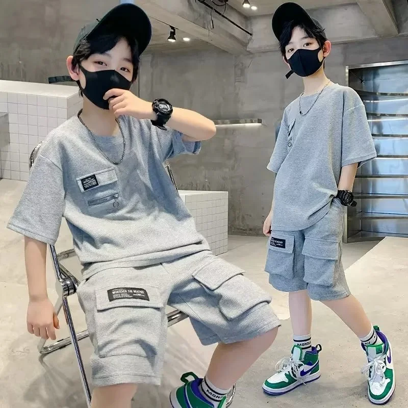 

Fashion Baggy Set Boy Summer Sports Suit Teenager Short Sleeves Outfits Children T-shirts+Shorts 2Pcs Kids Casual Top Pants Sets