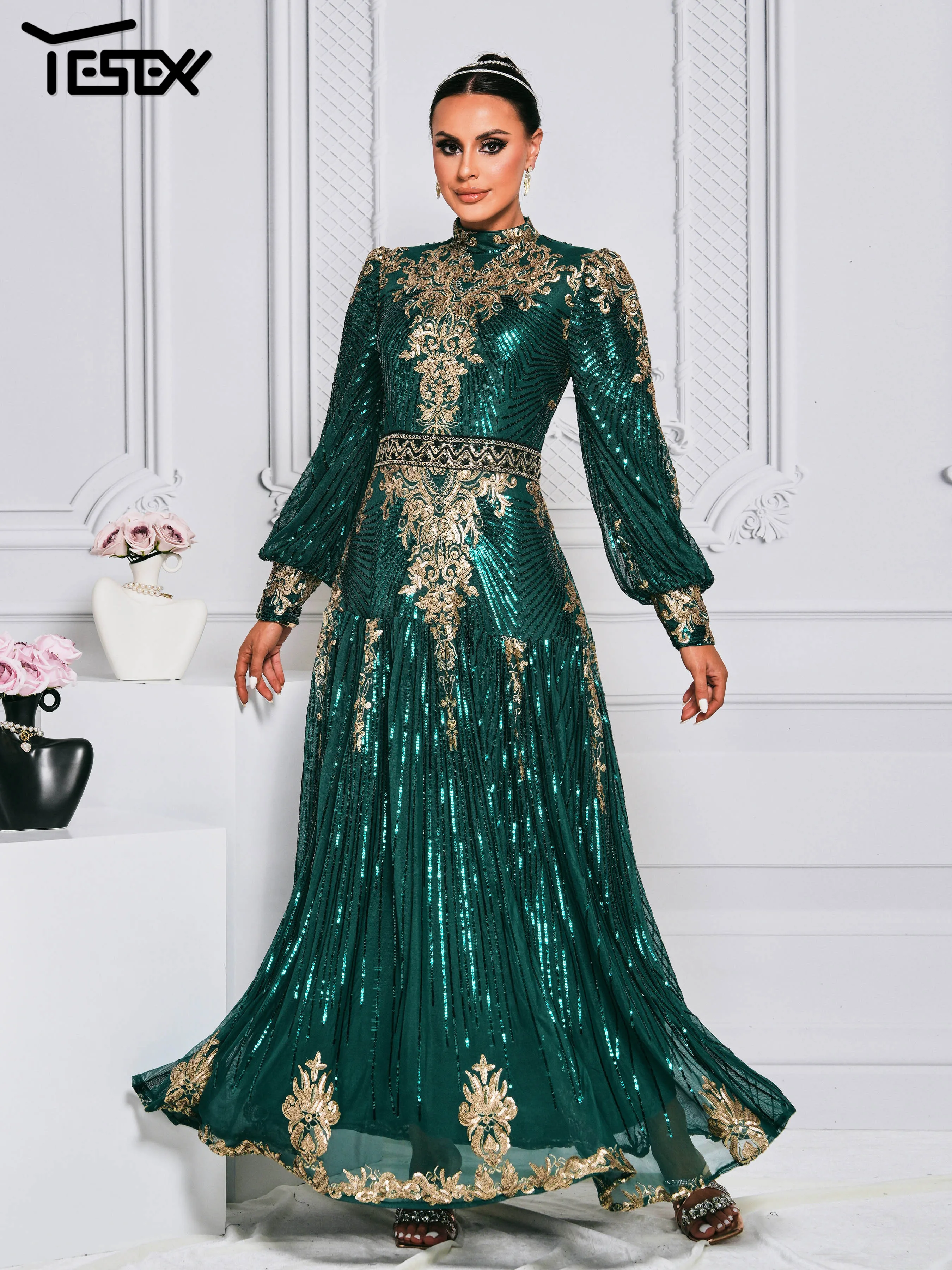 

Yesexy New Green Muslim Round Neck Church Dress Long Sleeved A Line Evening Wedding Birthday Party Formal Occasion Sequin Dress