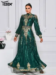 Yesexy New Green Muslim Round Neck Church Dress Long Sleeved A Line Evening Wedding Birthday Party Formal Occasion Sequin Dress