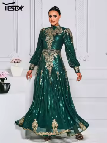 Yesexy New Green Muslim Round Neck Church Dress Long Sleeved A Line Evening Wedding Birthday Party Formal Occasion Sequin Dress