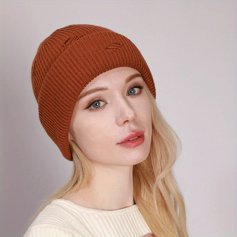 Outdoor Trend Ear Protection Rolled Edge Hat Solid Color Perforated Knitted Hat Simple Versatile Street Fashion Pullover Hat