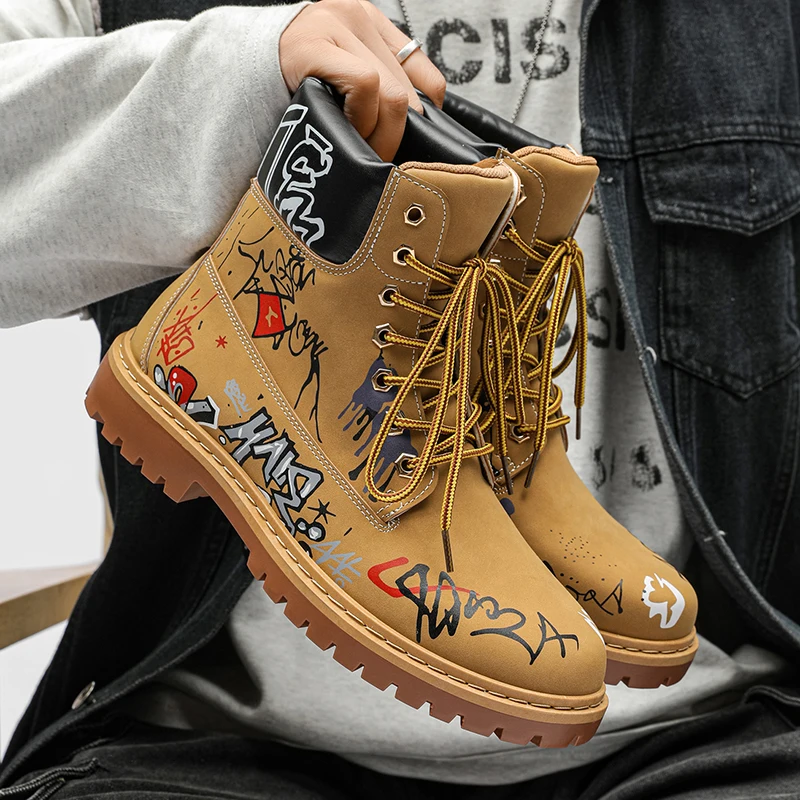 

Fashion Graffiti Yellow Men's Boots Lace-Up PU Leather Motorcycle Shoes Man Autumn Platform Casual Ankle Boots Men Tooling Boots