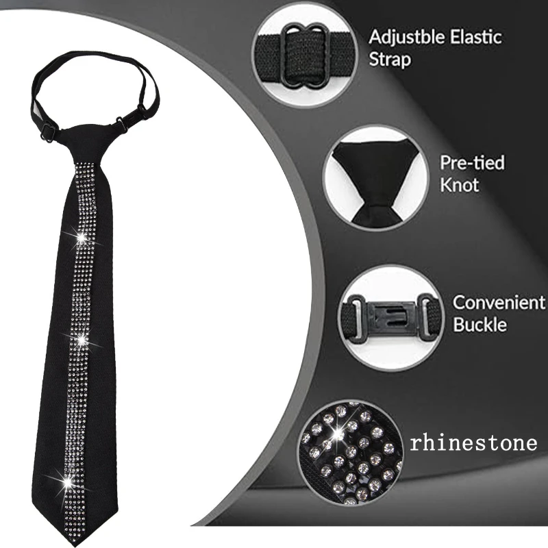 Elegante schwarze Strass-Lazy-Krawatte, verstellbare Krawatten für Damen, perfekt für Freizeit- und Business-Hemd-Fliege-Accessoires – Detail 1