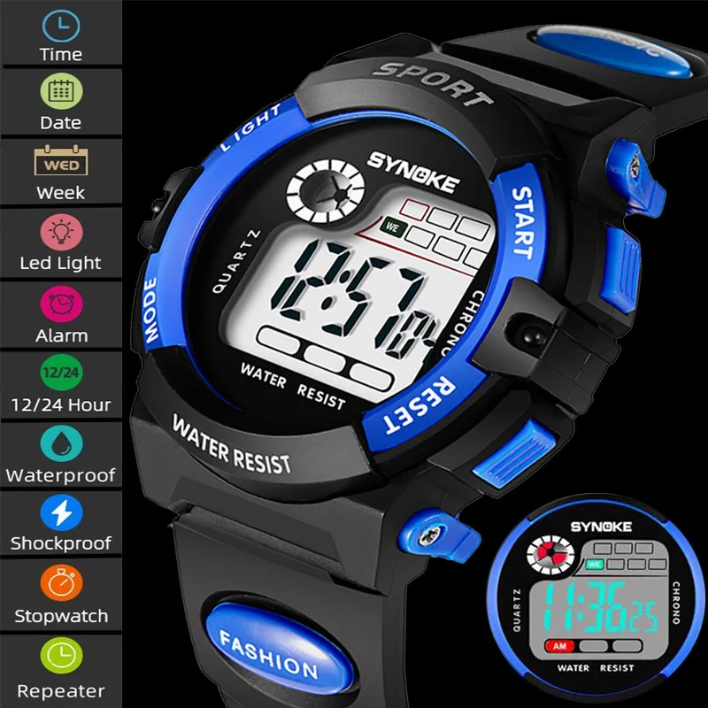 Synoke Kids Digital Sport\'s Watches Fashion PU Strap Led Waterproof Boy Girl Military Wristwatch Student Alarm Clock