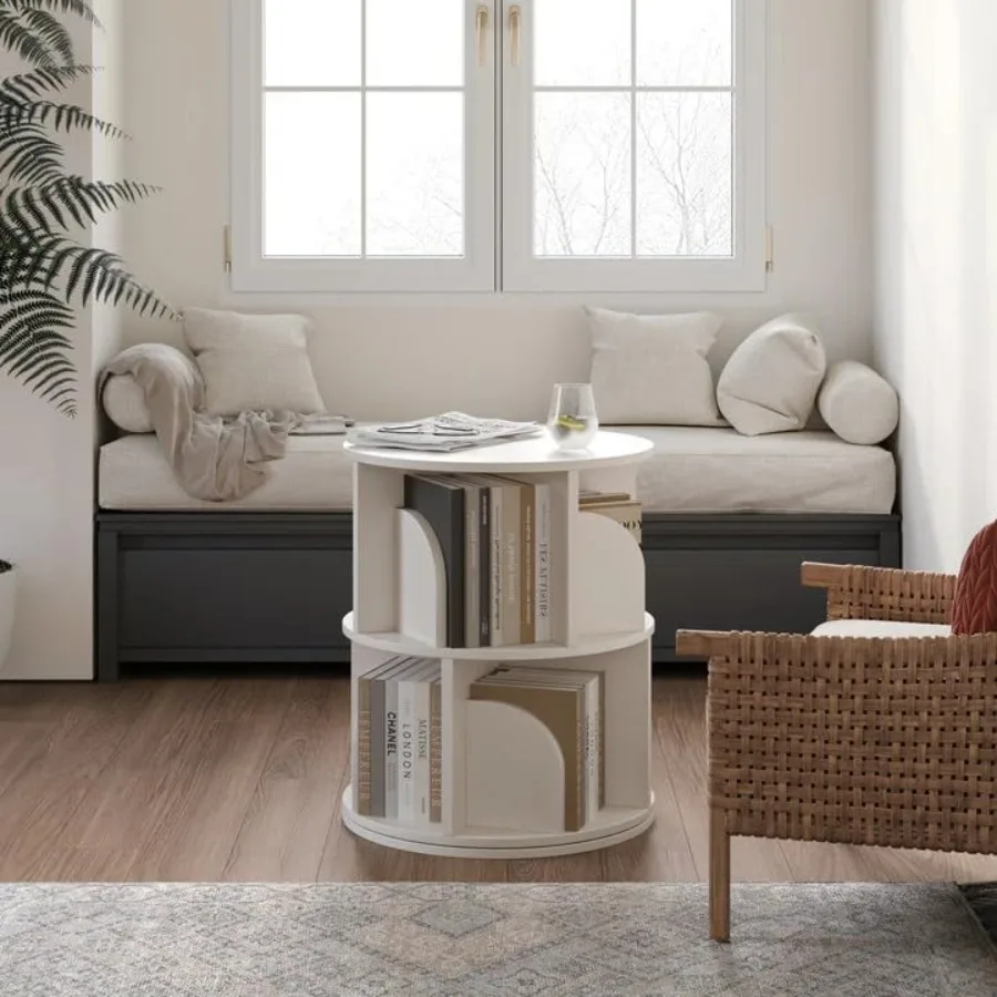Rotating bookshelf for small spaces, MDF wood, white, 360-degree rotation and space-saving narrow design for bedroom or living