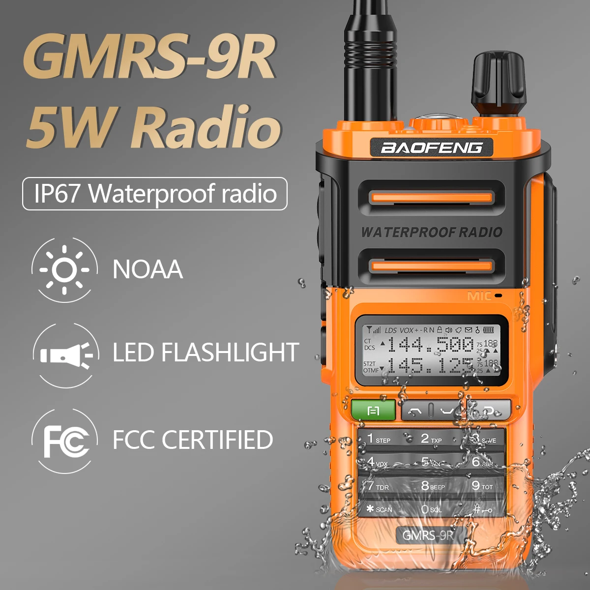 

Baofeng GMRS-9R Walkie Talkie IP67 Waterproof High Power Long Range NOAA SOS 30CH Led Flashlight Two Way Radio for Hiking Skiing