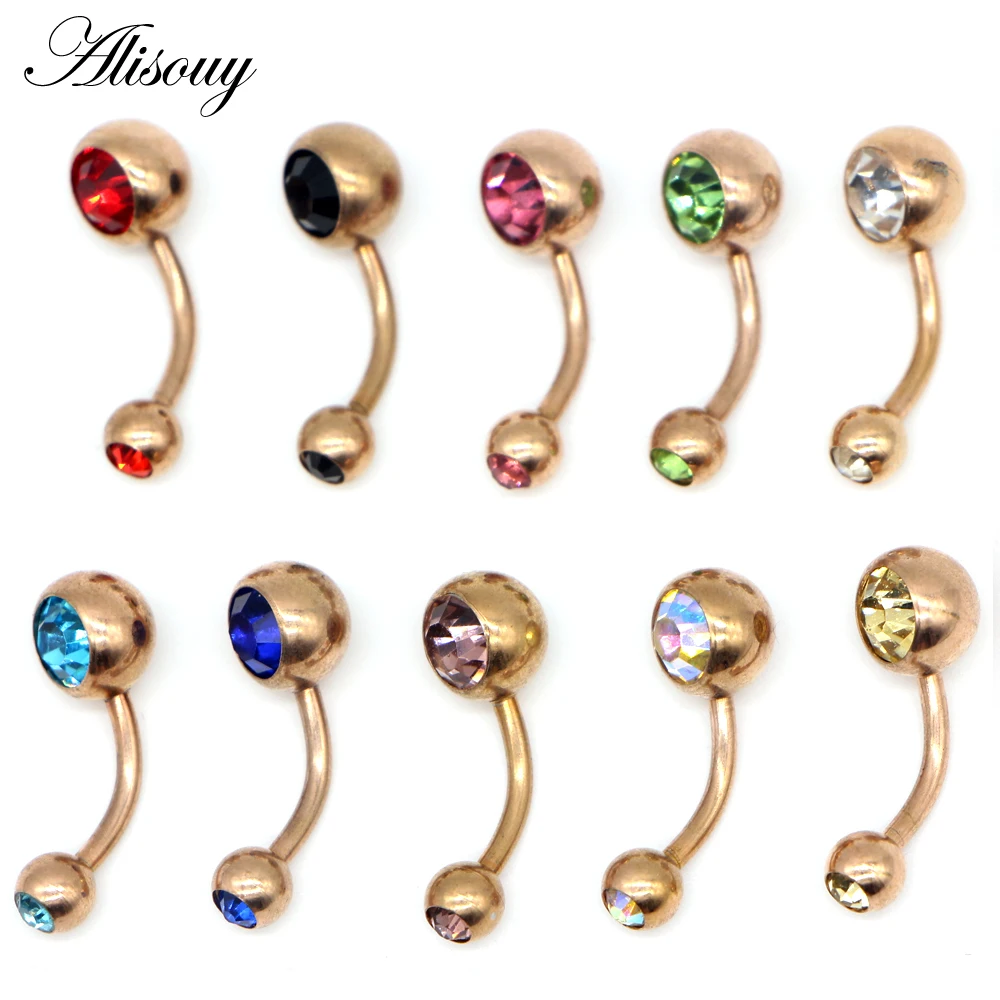 Alisouy 1 piece Rose Gold Color Prong Set Opal  Navel Belly Button Rings Piercing Bar Charming Body Jewelry 14G 10 colors