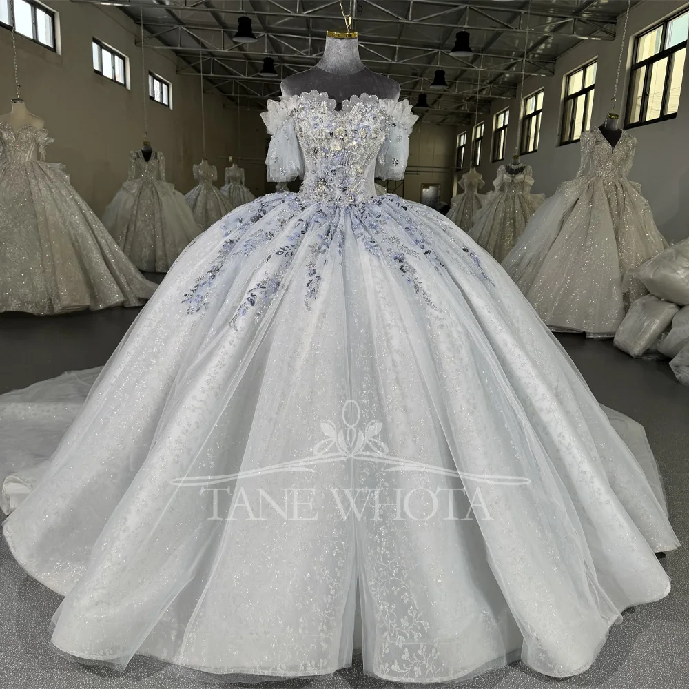 Vestido De Noiva 2026 Off The Shoulder Lace Up Back Wedding Dress Beading Blue Lace Ball Gown Long Bridal Dress