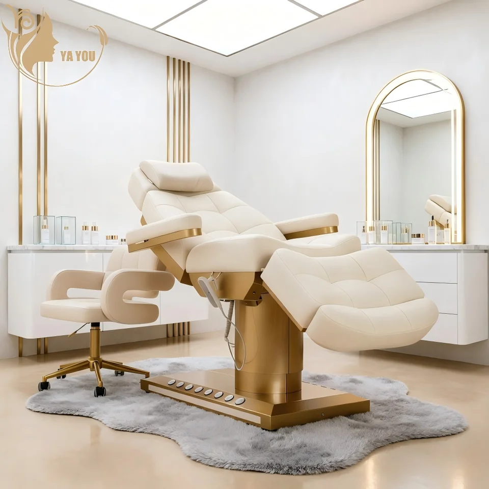 Electric Massage Facial Bed With Memory Foam PU Leather Upholstery And Adjustable Gold Metal Base For Beauty Spa Salon