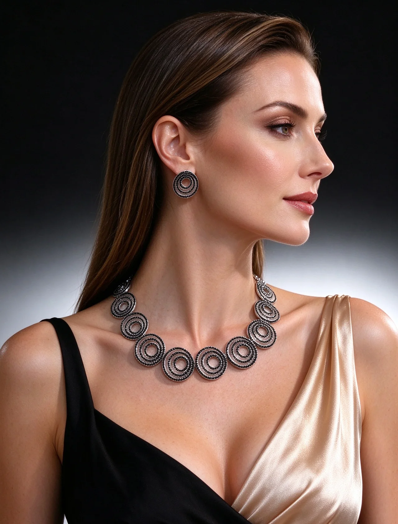 New Vintage Black Crystal Circle Jewelry Set For Women Geometric Round Necklace Earrings Set Silver‑Tone Wedding Party Statement
