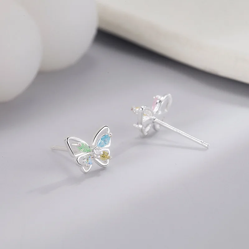 925 Sterling Silver Colorful Diamond Butterfly Earrings for Women Sweet Girl Heart Luxury Ear Studs Fashion Jewelry Gifts image 3