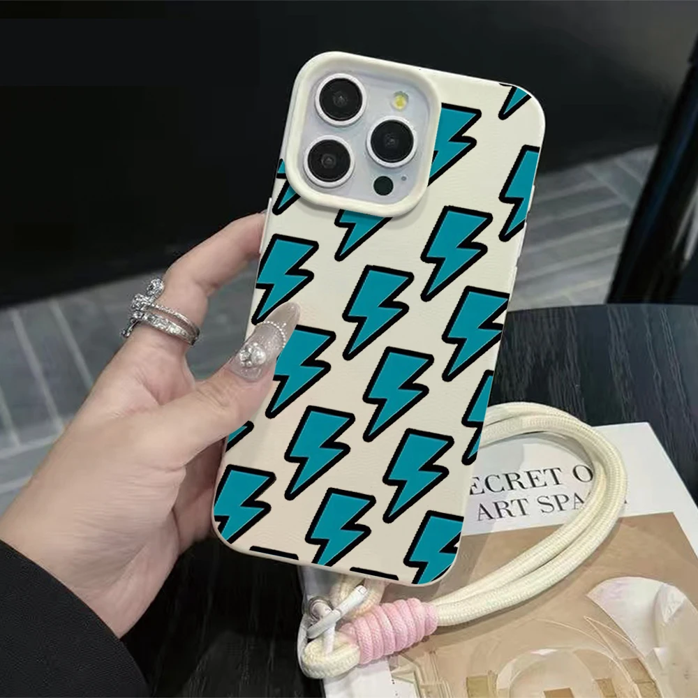 Coole blaue Cartoon-Blitz-Bonbonfarben-Hülle mit Litschi-Muster für iPhone 17 Air 16 15 14 13 12 11 Pro Max Plus mit Lanyard-Abdeckung – Detail 5
