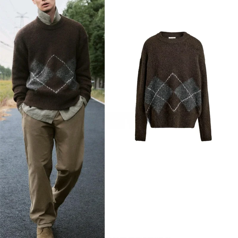 

Новый мужской вязаный свитер свободного кроя с длинным рукавом и круглым вырезом, с вышивкой ромбовидным узором, повседневная одежда из полиэфирного волокна, осень-зима