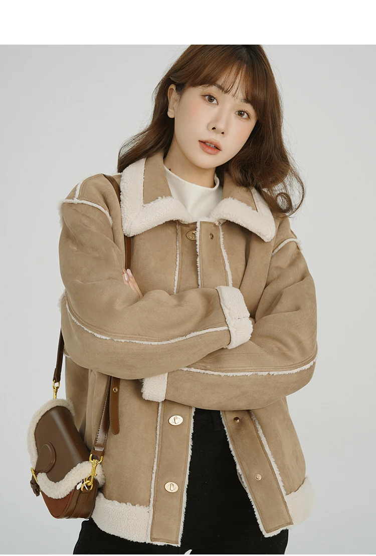 Faux Shearling Suede Jacket Women Winter Thick Warm Short Plush Coat Fleece Lined Fur-Look Outerwear Cold Weather Casual Style