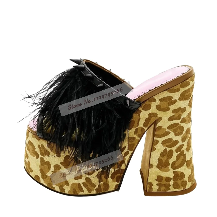 Leopard Print Chunky Block Heel Platform Mules Feather Spike Studded Open Toe Slide Sandals Punk Goth Fluffy Fur Party Shoes