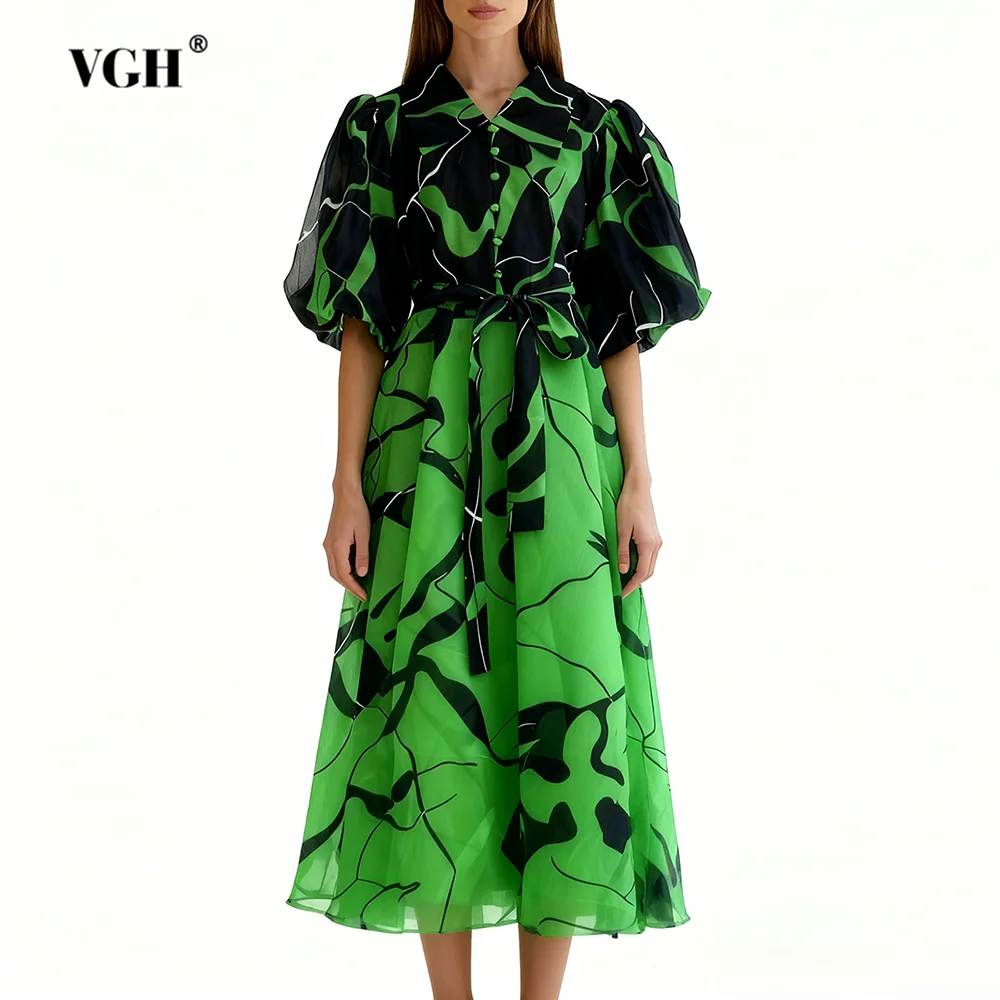 

VGH повседневное платье с цветными блоками и принтом для женщин, прозрачные элегантные платья миди с лацканами и половиной рукава на шнуровке, женская мода