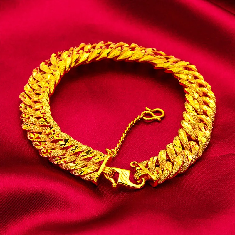 

Luxury 24K 9999 Pure Gold real gold New men's safety buckle bracelet wide-brimmed men's bracelet