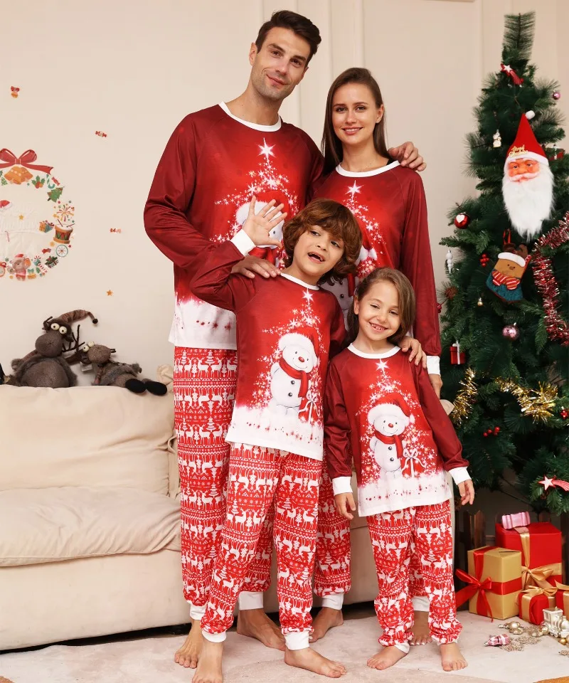 

2025 Christmas New Parent-child Homewear Cartoon Snowman Round Neck Pajamas Set Small Deer Printed Xmas Home Suits