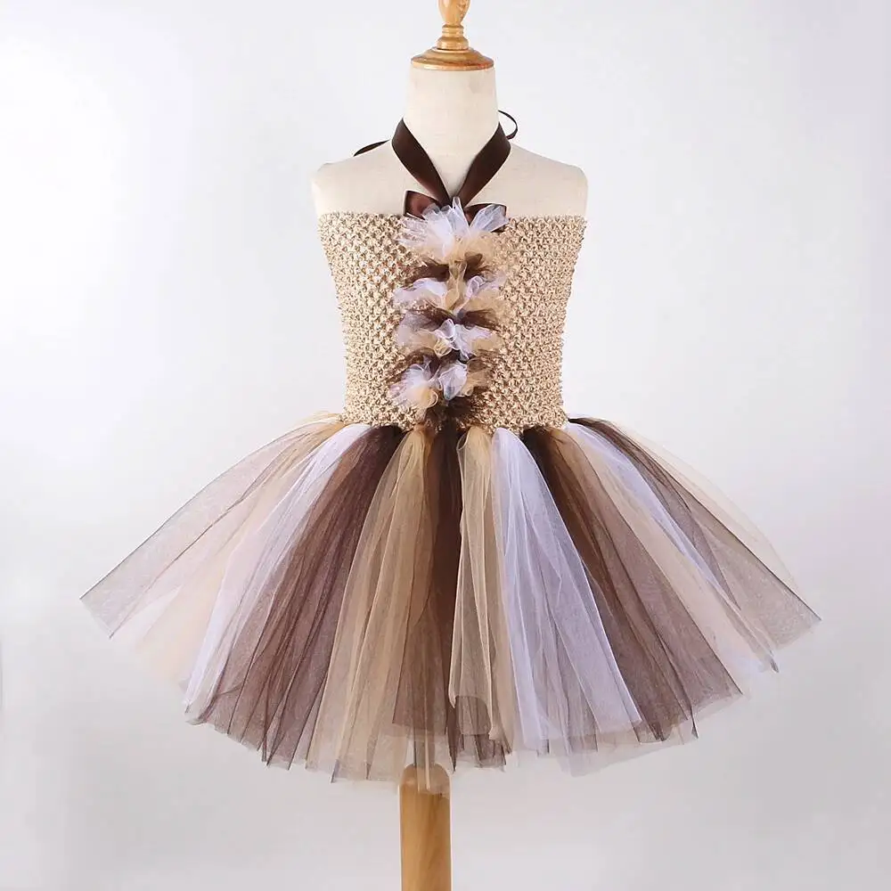 Brown Jungle Lion Tutu Costumes for Baby Girls Animal Halloween Fancy Dresses for Kids Christmas New Years Outfit with Hairs Bow