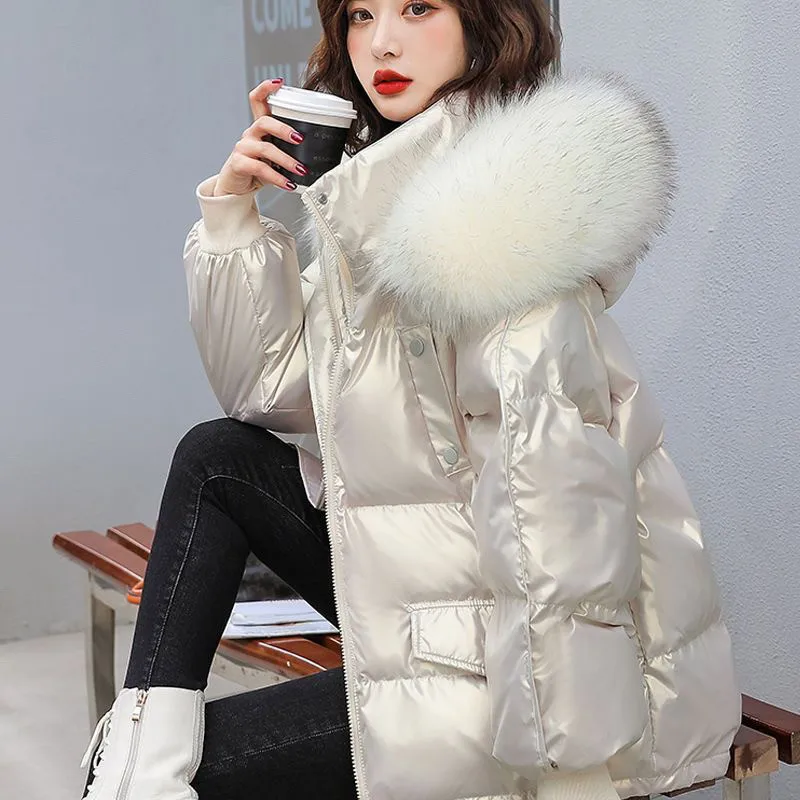 New Style Cotton-padded Jacket, Fashionable, Loose Casual Standing Tie Cap, Large Fur Collar Down Cotton-padded Jacket for Women