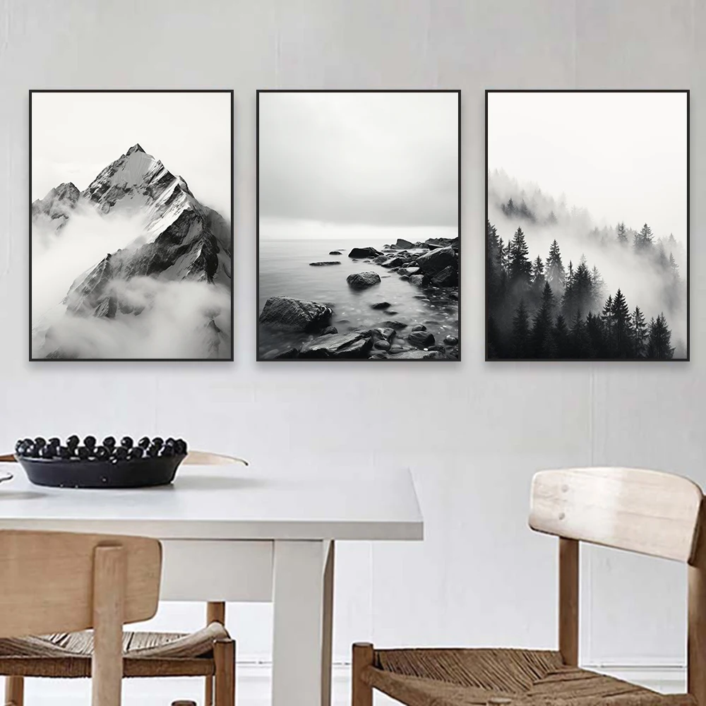 Abstract Mountain Wall Art Landscape Poster Black and White Beach Wave Prints Watercolor Mountain Wall Art Canvas Painting Decor