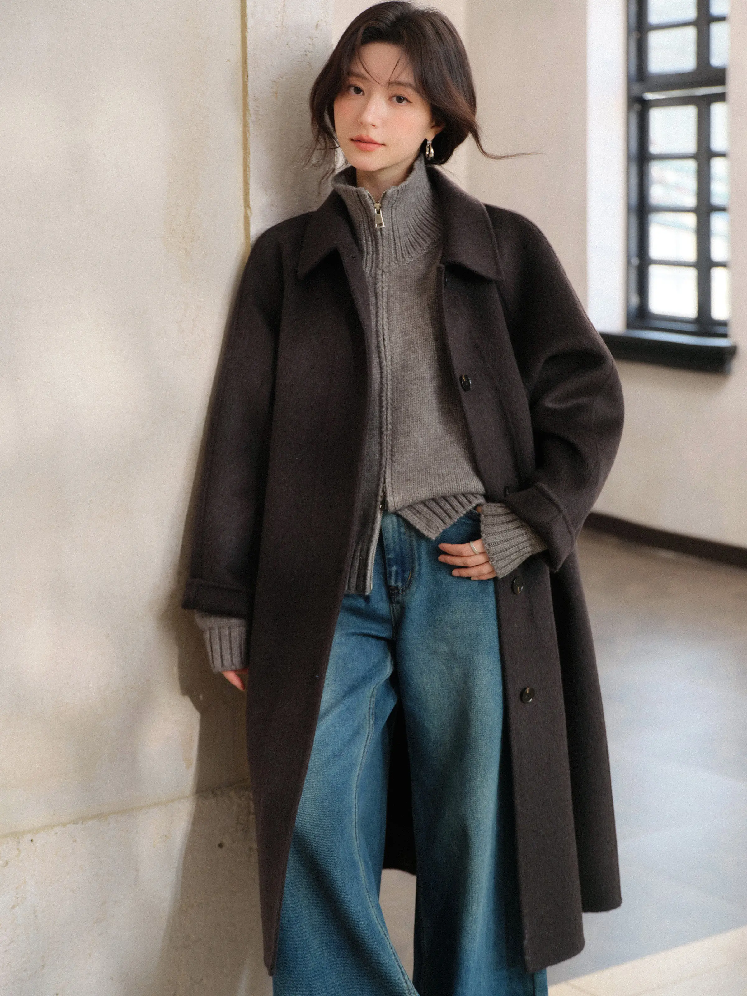 Vintage Wool Coat Women Lady H-Line Long Outerwear Small Lapel Double-Sided Style Petite Friendly Elegant Daily Commuter Jacket