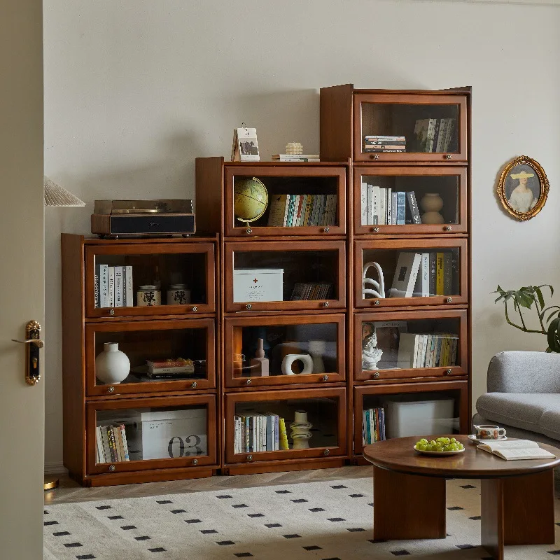 Estante infantil de madeira maciça, armário integrado contra a parede, estante com porta de vidro multicamadas, apartamento pequeno, sala de estar