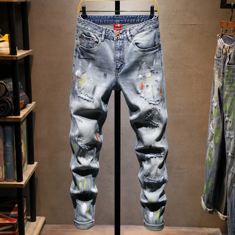 Street Designer Fashion Men Jeans Retro Blue Stretch Slim Fit Painted Ripped Jeans Men Hip Hop Vintage Y2K Denim Pants Hombre