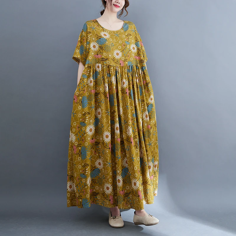 

2024 Vintage Large Size Printed Dress Summer Cotton Linen Loose Short-sleeved Dress Women's Clothing Round Neck Dress D1553