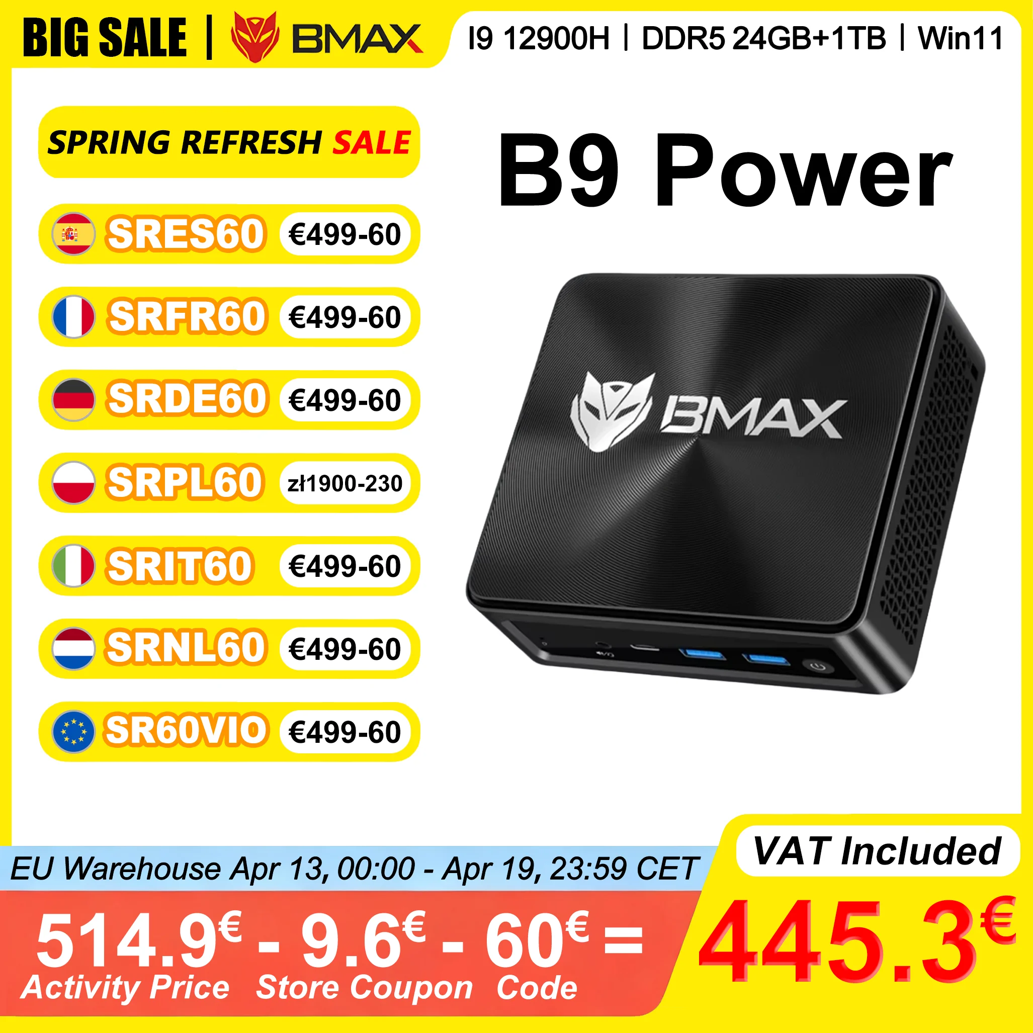 BMAX B9 Power Mini-PC Intel Core I9-12900H 24GB LPDDR5 RAM 1TB NVMe SSD Turbo-Frequenz 5,0GHz WiFi 6 Bluetooth 5.2