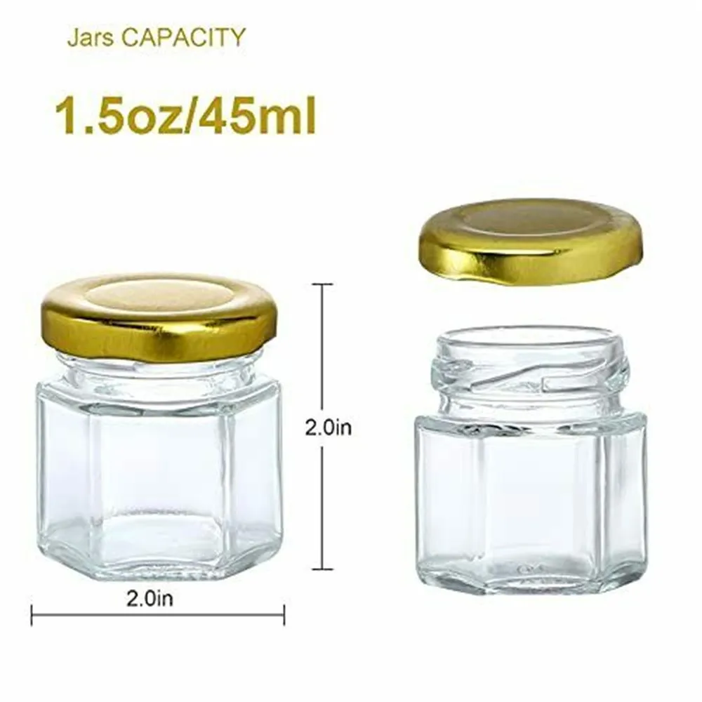 12pcs 45ml/60ml Mini Hexagon Glass Jars with Golden Lids, 45ml Small Honey Jams Spice Empty Container