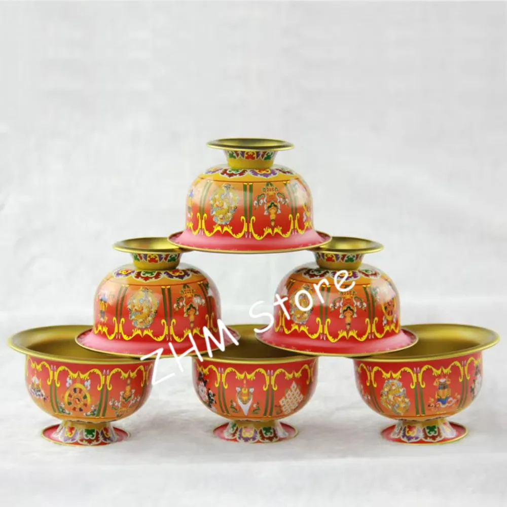 8pcs/Set Alloy Metal Tibetan Supply Buddhist 6cm Hand Painted Craft Eight Auspicious Symbol Sacrifice Cleaned Bowel/Cups Sets