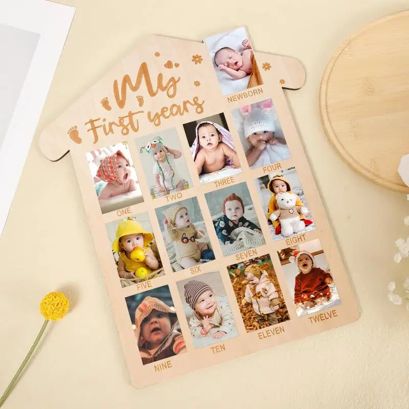 Baby First Year Wooden Photo Board 12 Monthly Milestone Picture Frame For One Year Birthday Photography Decoration Sign