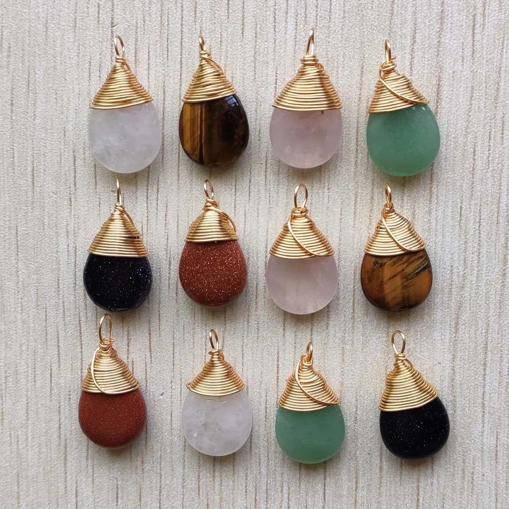 

Fashion Mix natural stone gold color wrapped drop charms pendants for jewelry making 12pcs/lot wholesale free shipping