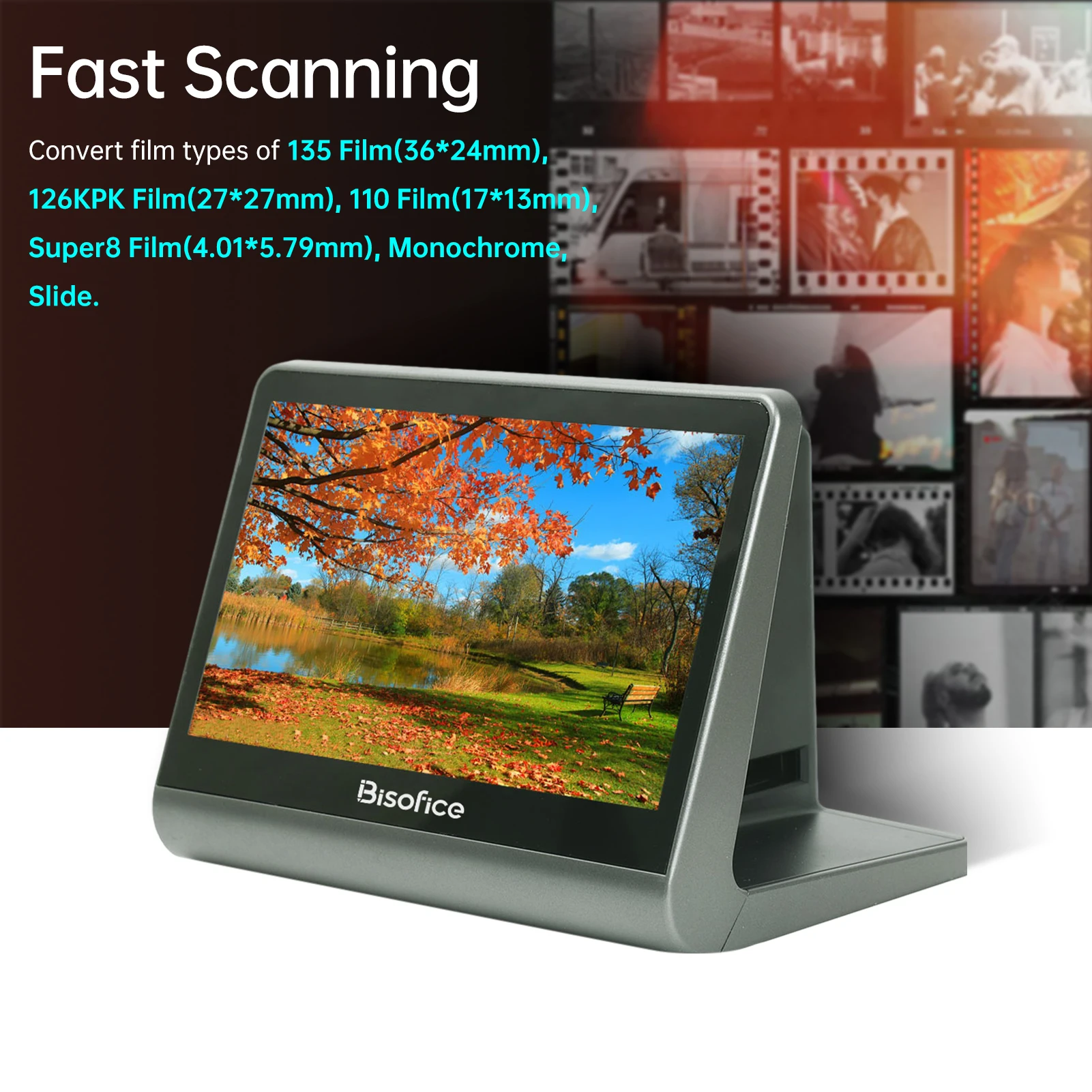 Bisofice 7\'\' LCD Screen Film Slide Scanner for 135 Film 126KPK /110 Film/Super8/ Monochrome/Slide to Digital JPEG Photos 16GB