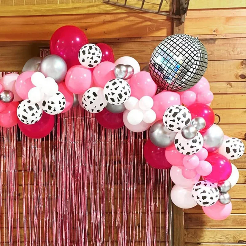 Imagem -04 - Macaron Baby Pink Balões Garland Prata Rosa Quente Natural Areia Vaca Imprimir Balões Arch Kit Menina Decoração de Aniversário Foil Globos