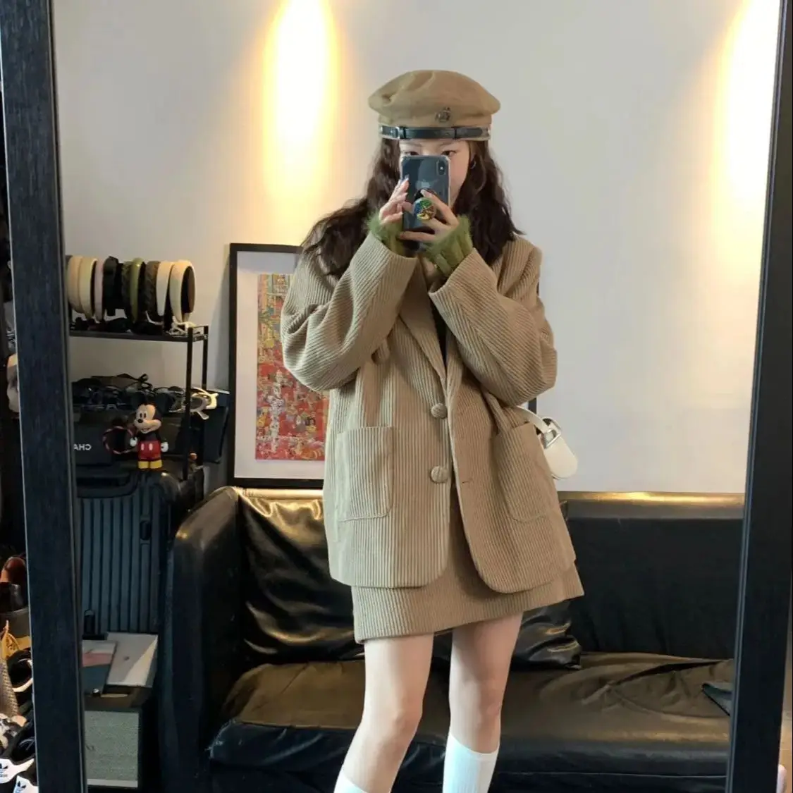 Two-Piece Set Corduroy Suit Jacket Short Skirt Women'S 2024 Autumn Winter New Temperament Design Niche Suit