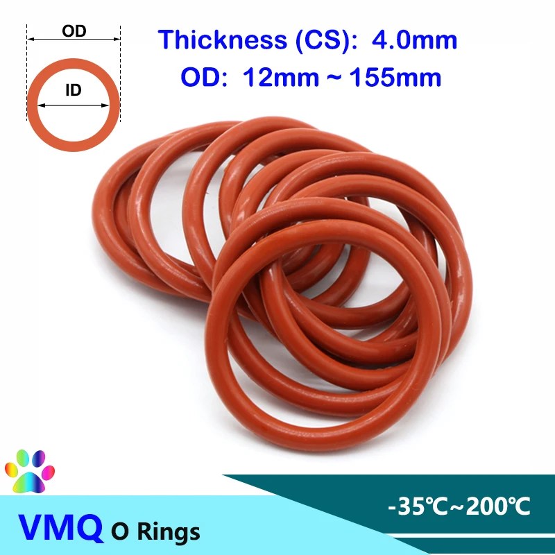 

10/50Pcs Red Silicone VMQ O Ring Gaskets CS 4.0mm OD 12~155mm Food Grade Waterproof Washer Round Silicon Rubber Seal Gasket