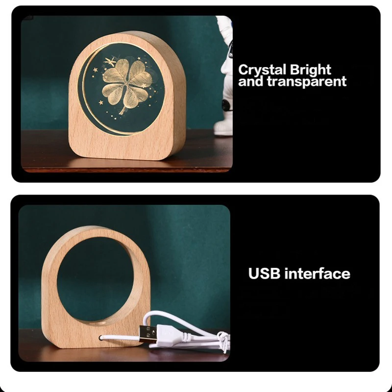 2024 Wooden LED Light Dispaly Base USB Rechargeable Crystal Glass Resin Art Ornament Wood Night Lamp Base Holder Display Stand