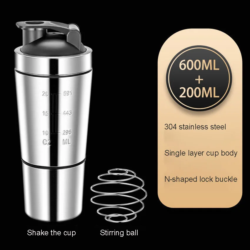 

Single-layer Stainless Steel Double Section Shaking Cup with Scale Storage Tank Fitness Protein Powder Mixing Cup 304