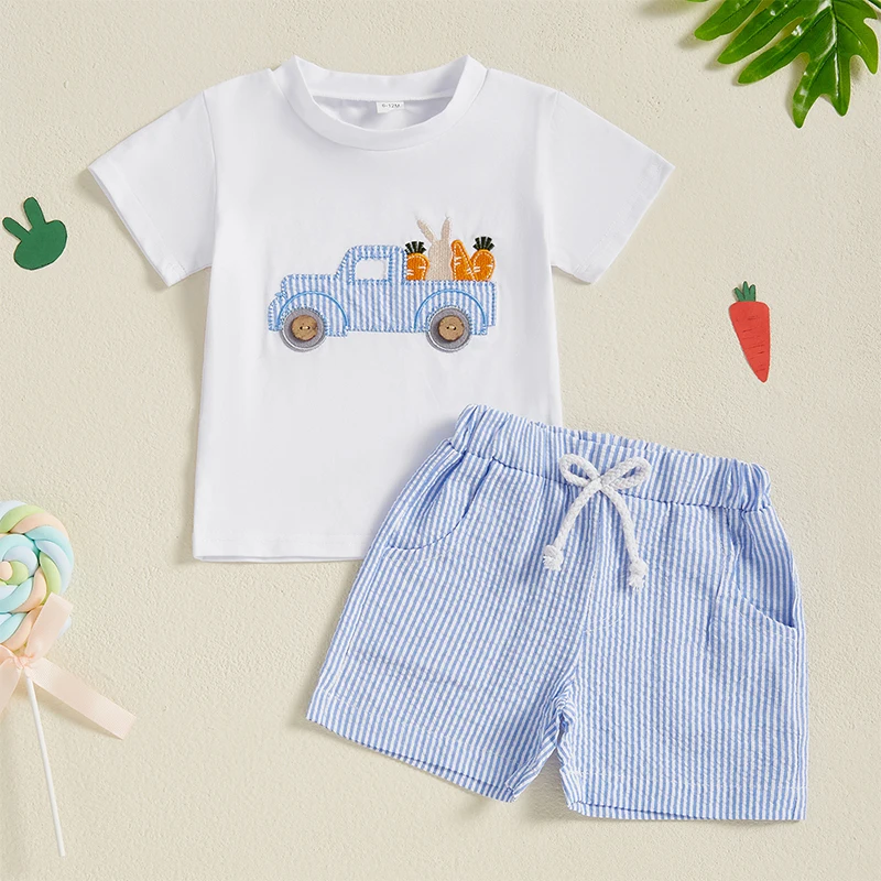 2Pcs Baby Boy Easter Outfits Short Sleeve Truck Embroidery T-Shirt Shorts Set Toddler Clothes