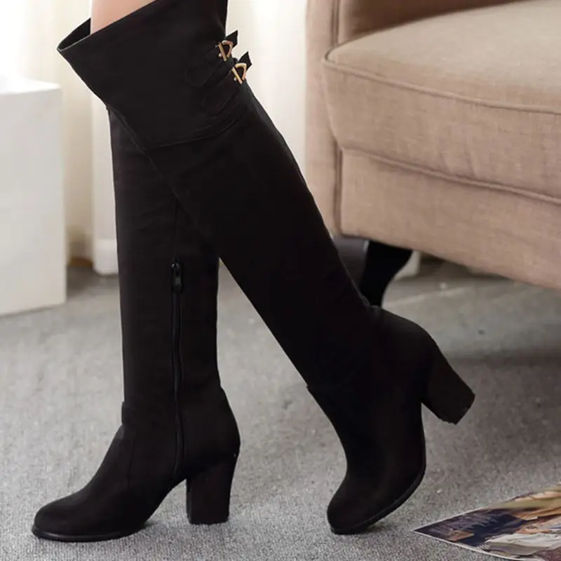 Winter Boots Real  Big Size 32-54 Women Knee High Boots Sexy Chunky Heels Round Toe Spring Autumn Shoes Less Platform 722-2