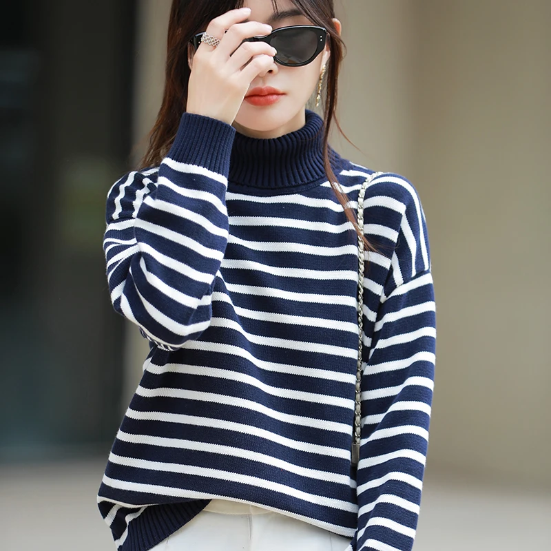 

100% pure cotton sweater women's autumn and winter new high neck knitted pullover casual striped sweater loose women's top