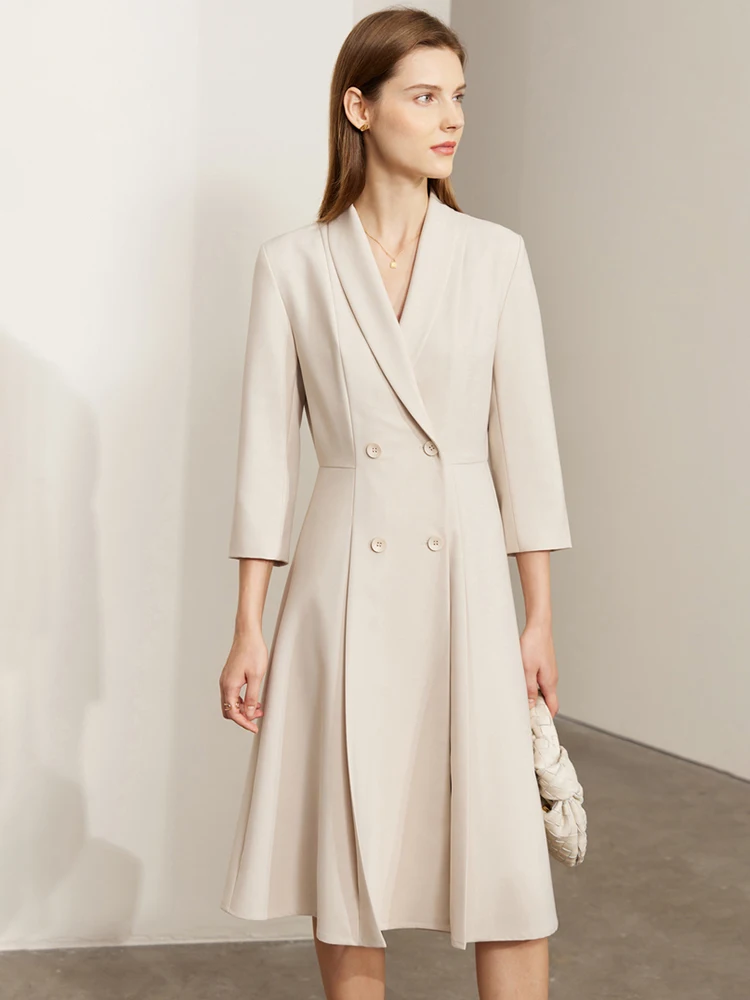 Amii Minimalist Dress for Women 2023 Spring New Double Breasted Half Sleeves A-line Office Slim Midi Women Dresses 72351029