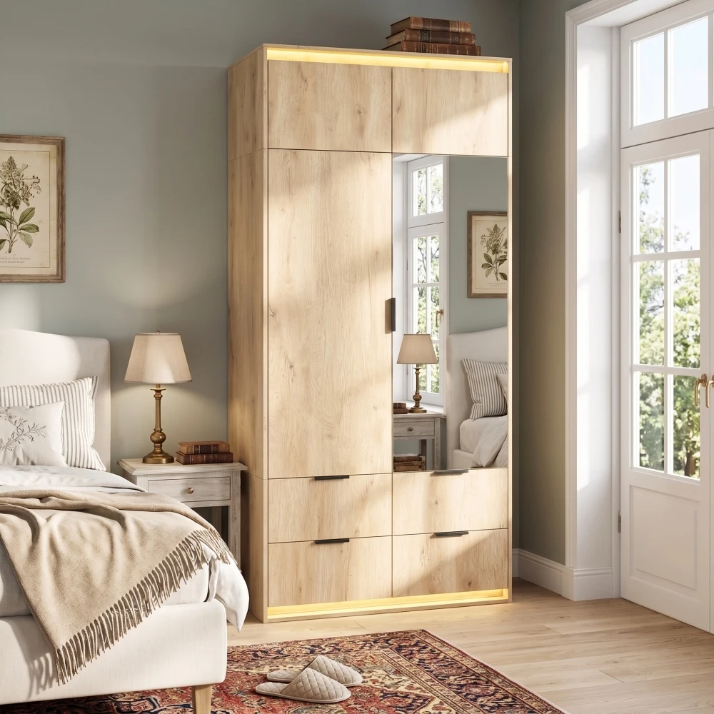 Moderner 2-Türiger Kleiderschrank mit Spiegel, 90x47x200cm, Kleideraufbewahrungsschrank mit 4 Schubladen, Kleiderstange und Regalen, Schwenktürschrank für Schlafzimmer, Ankleidezimmer, Kleine Wohnung,