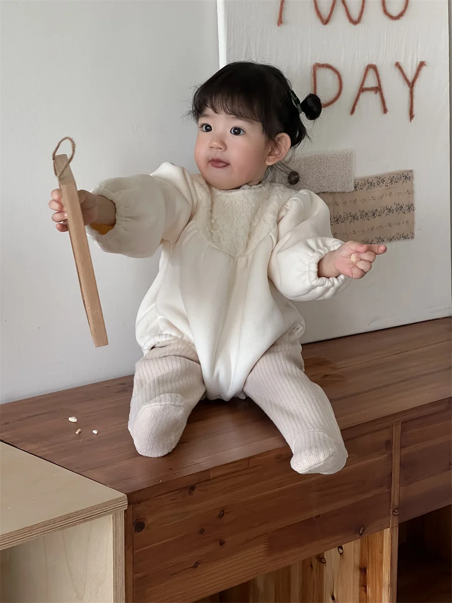 2024 Winter New Baby Girl Long Sleeve Lace Fleece Bodysuit Newborn Toddler Plus Velvet Thick Warm Jumpsuit Infant Clothes 0-24M