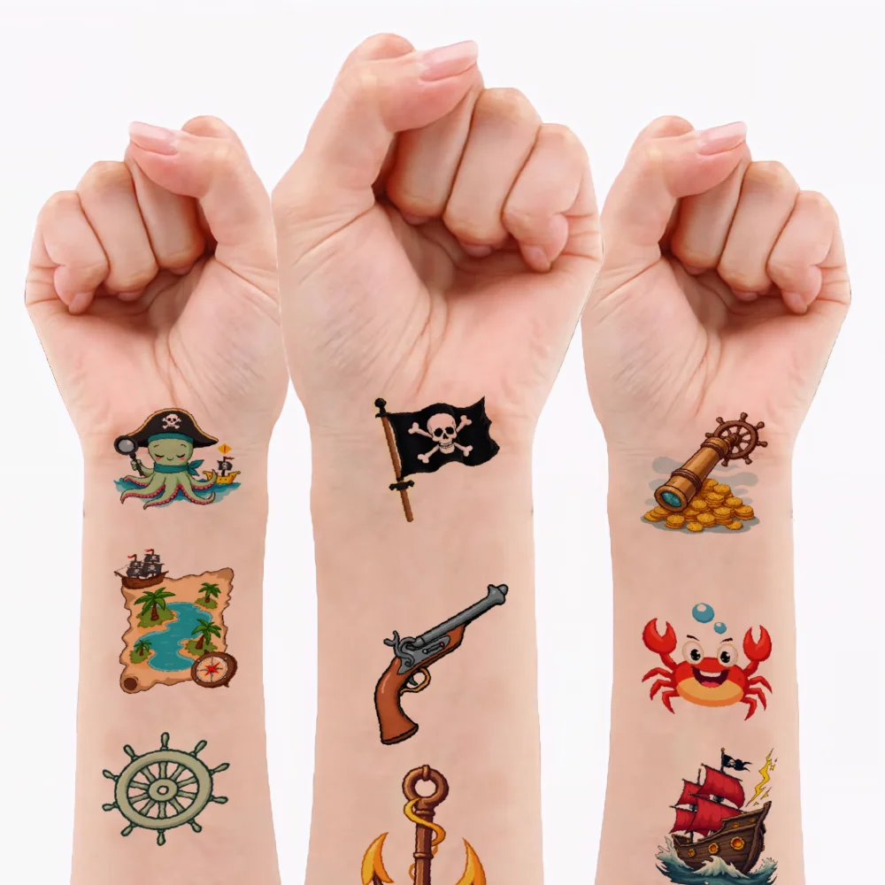 

108pcs Temporary Tattoo Treasure Chest Waterproof Long-lasting Body Stickers Pirate Ship Pirate Skull Temporary Tattoo Stickers