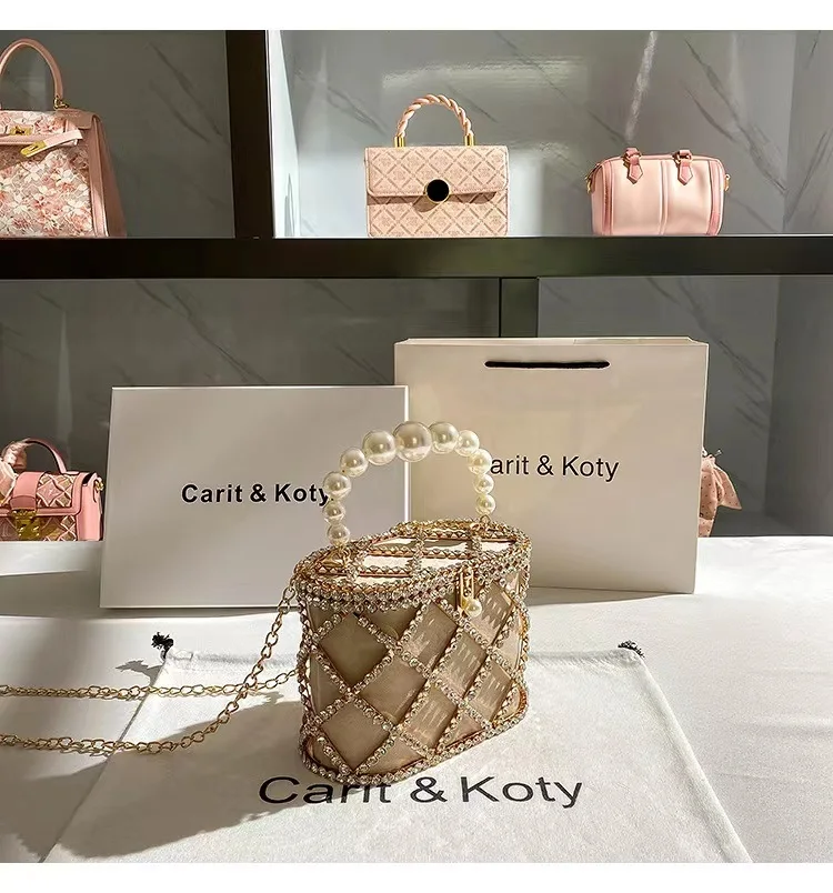 Luxury Designer Glod Metal Cage Pearl Beading Handle Handbag Women Evening Bag Wedding Party Clutch Purse Shoulder Crossbody Bag