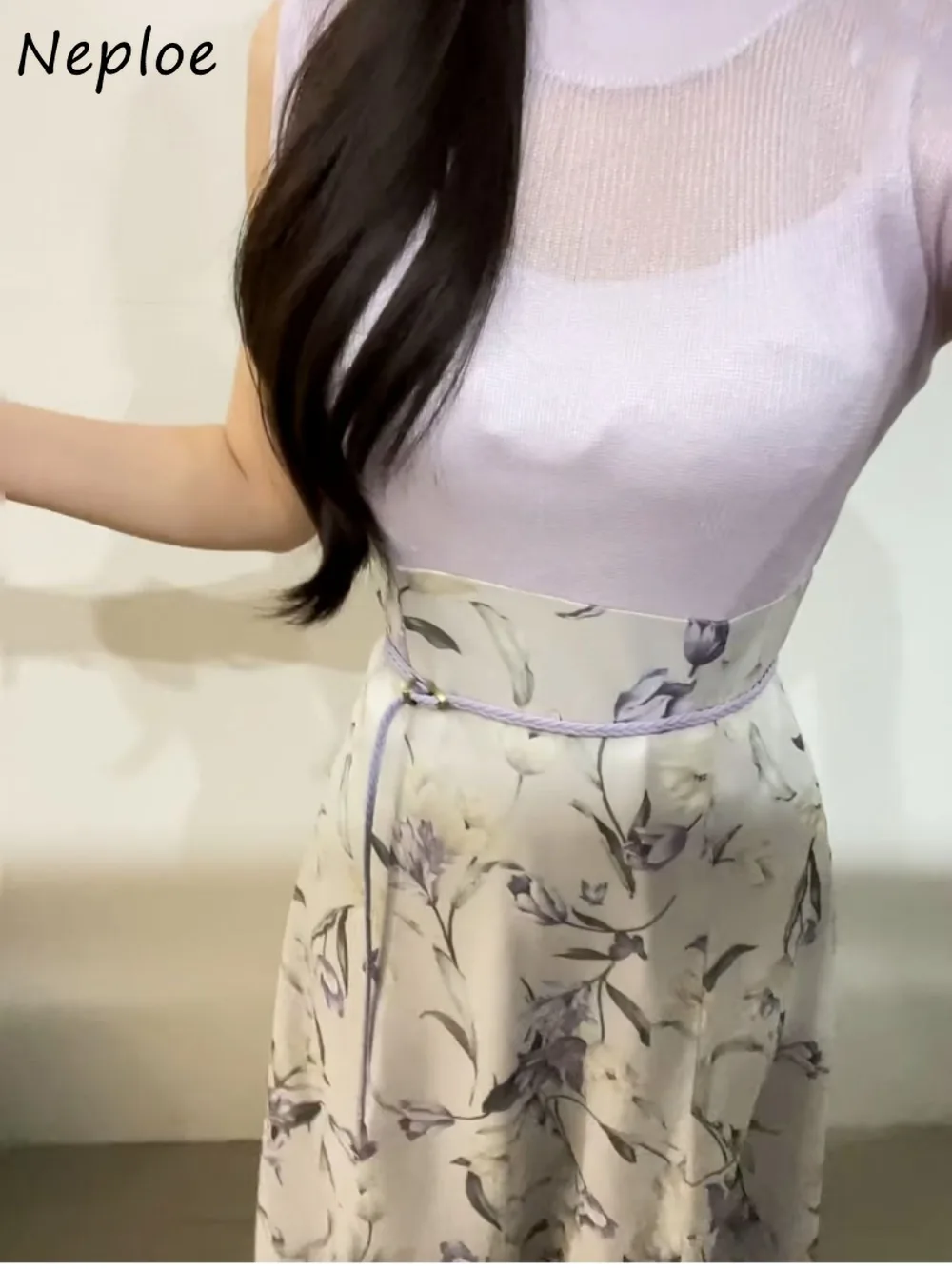 

Neploe New Knit Patchwork Print Dress O Neck Sleeveless Lace Up Slim Waist Robe Japan Chiffon Elegant Office Lady Women Mujer